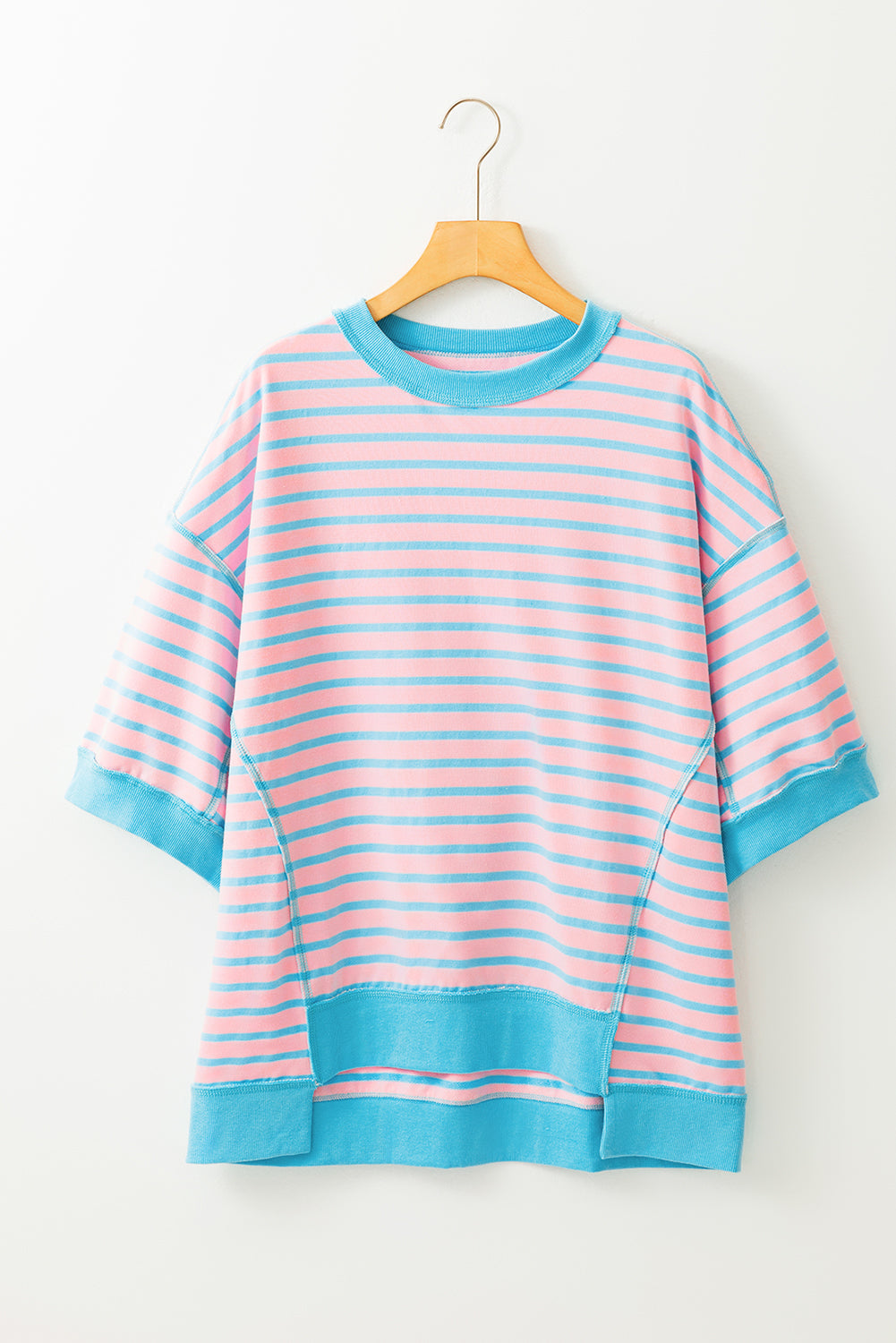 Pink Stripe Oversized Contrast Trim Exposed Seam High Low T Shirt