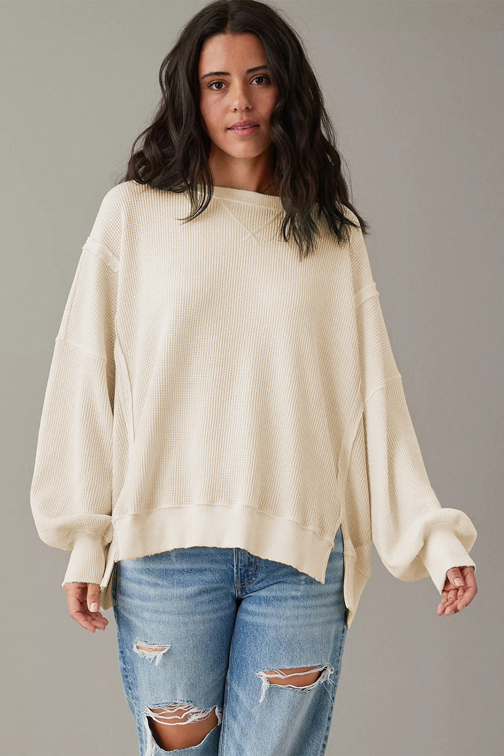 White Waffle Knit Bishop Sleeve Split Oversized Sweatshirt