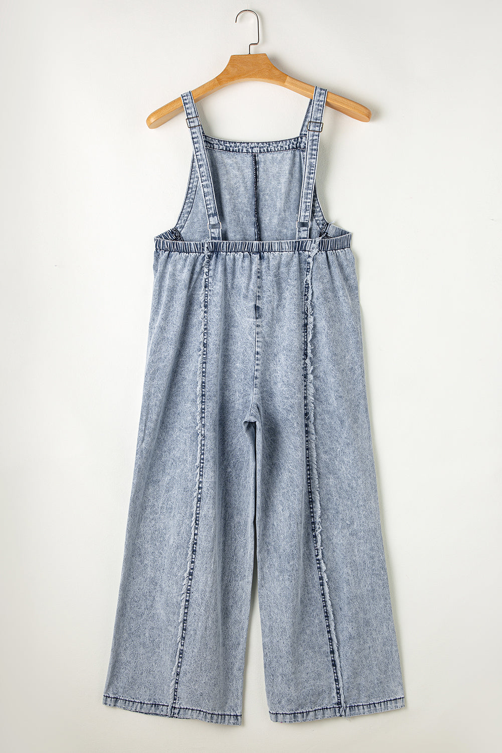 Beau Blue Light Wash Frayed Exposed Seam Wide Leg Denim Overall