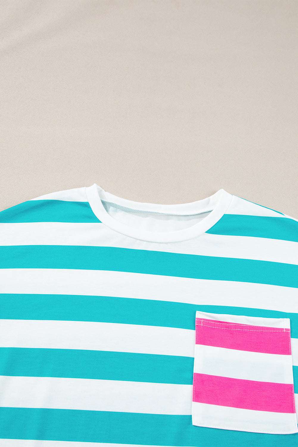 Blue Stripe Contrast Patch Pocket Drop Sleeve T Shirt