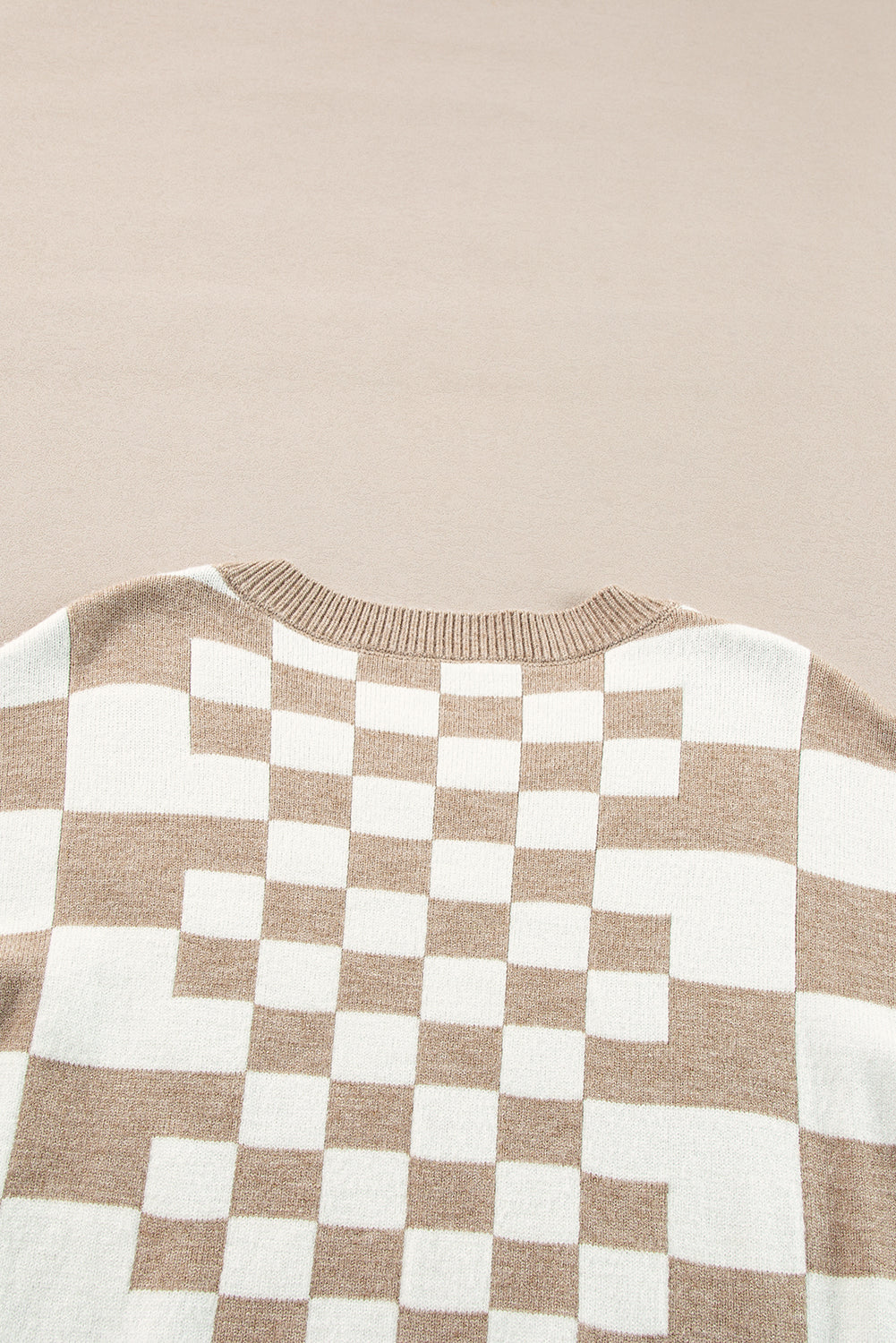 Khaki Checkered Print Drop Shoulder Round Neck Sweater