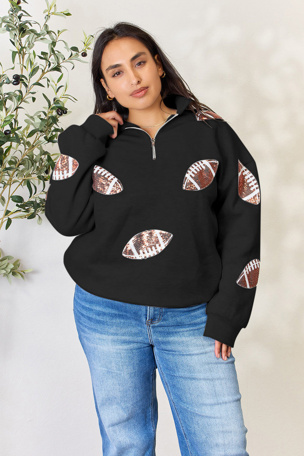 Full Size Sequin Football Half Zip Long Sleeve Sweatshirt