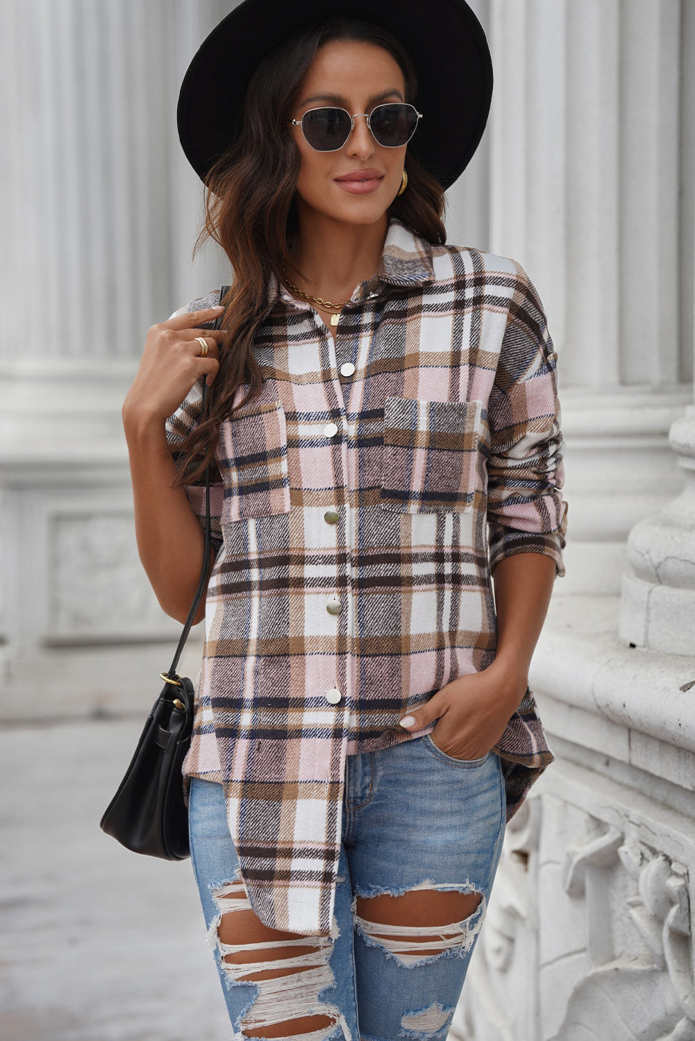 Plaid Curved Hem Dropped Shoulder Longline Shirt Jacket