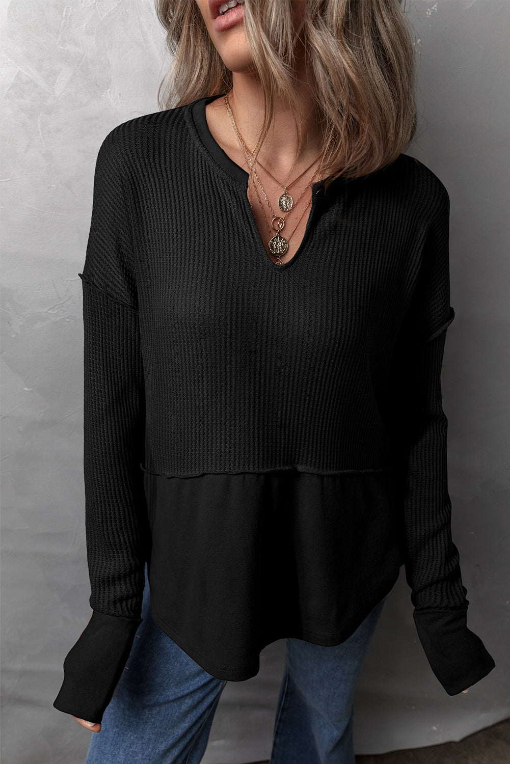 Waffle-Knit Exposed Seam Notched Long Sleeve Top