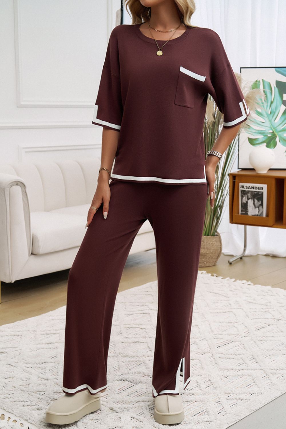 Contrast Trim Half Sleeve Top and Pants Set