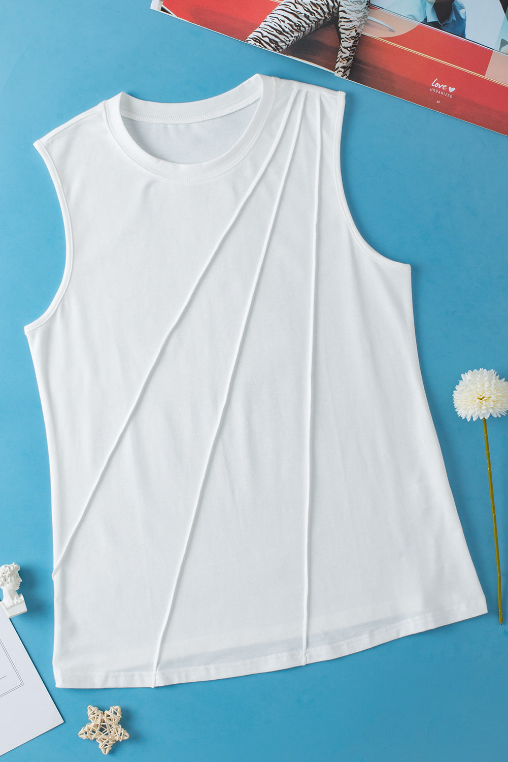 White Crew Neck Pleated Tank Top