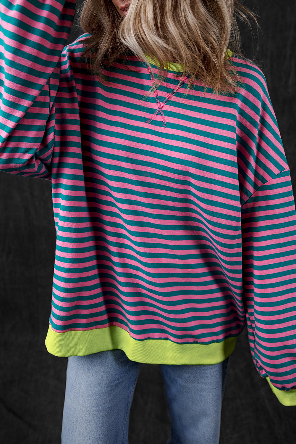 Green Stripe Oversized Contrast Trim Pullover Sweatshirt