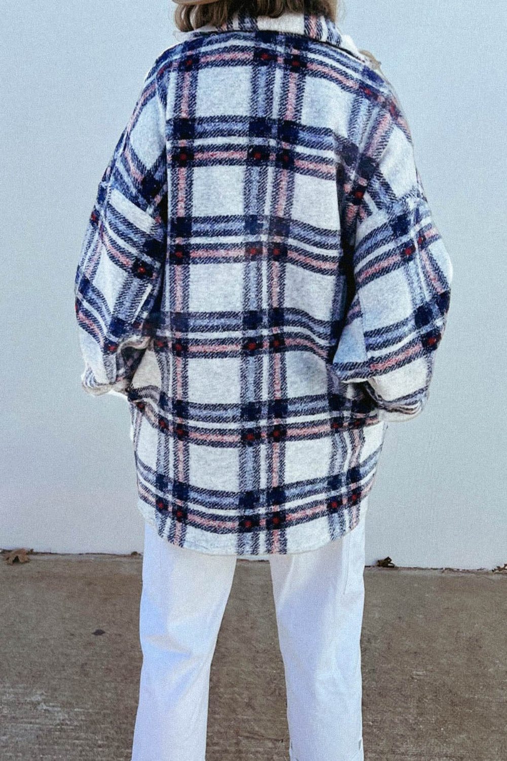 Pocketed Plaid Dropped Shoulder Coat