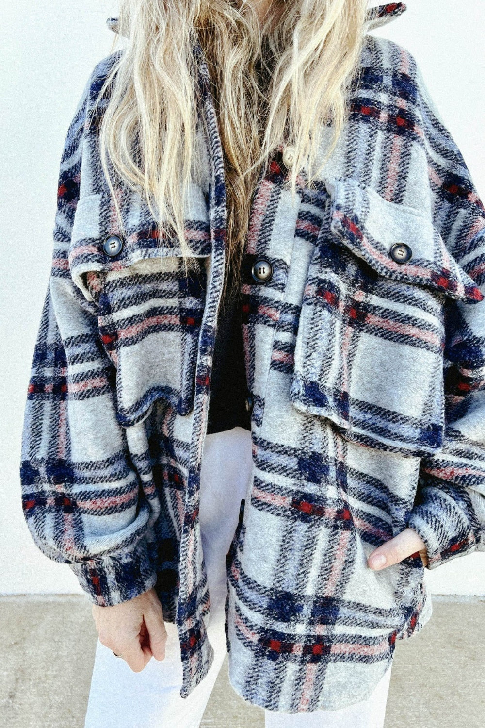 Pocketed Plaid Dropped Shoulder Coat