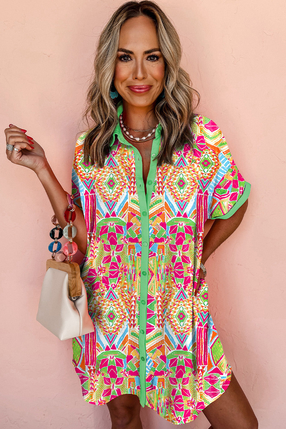 Orange Geometric Print Contrast Short Sleeve Shirt Dress