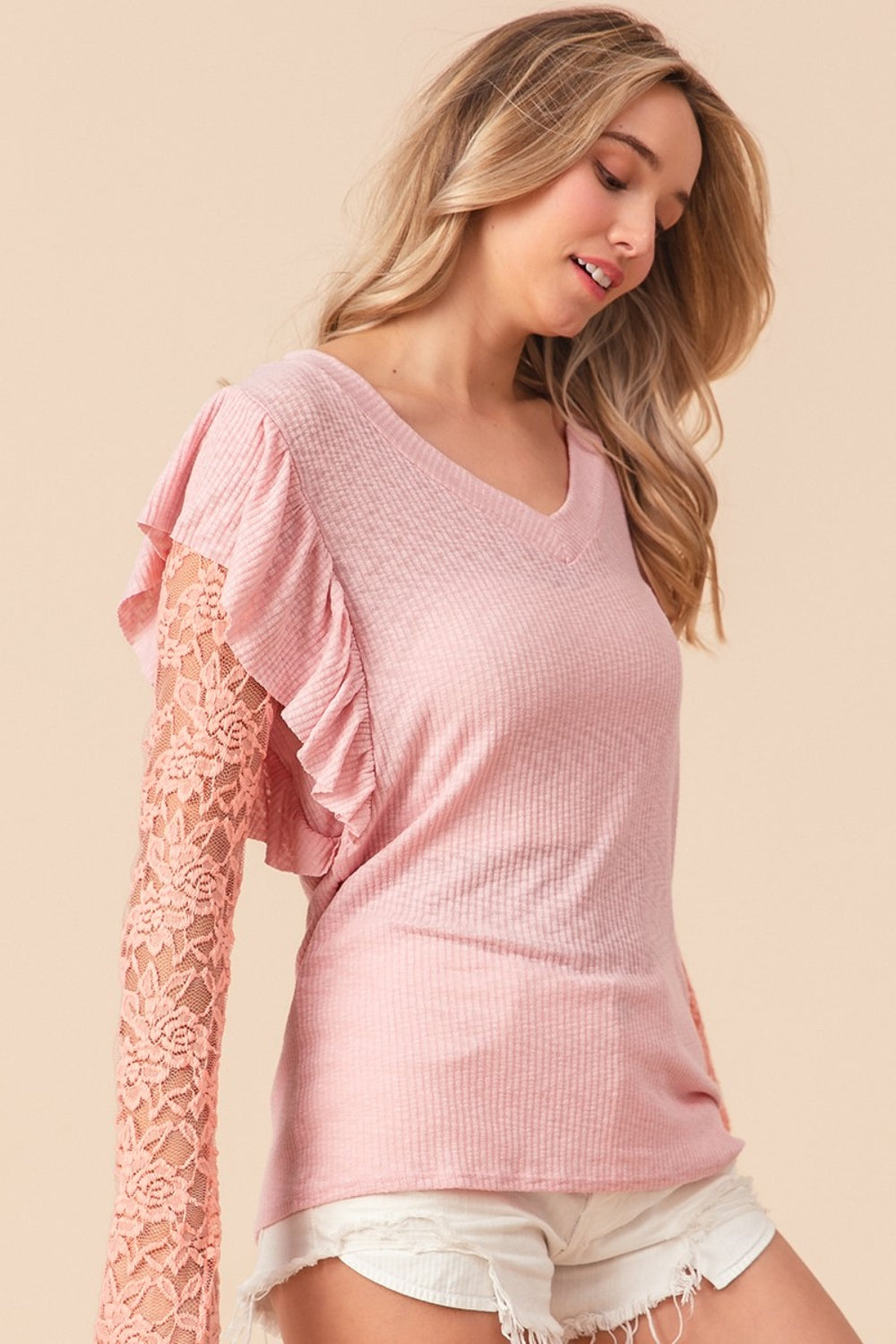 BiBi Ruffled Lace Sleeve Rib Knit Top