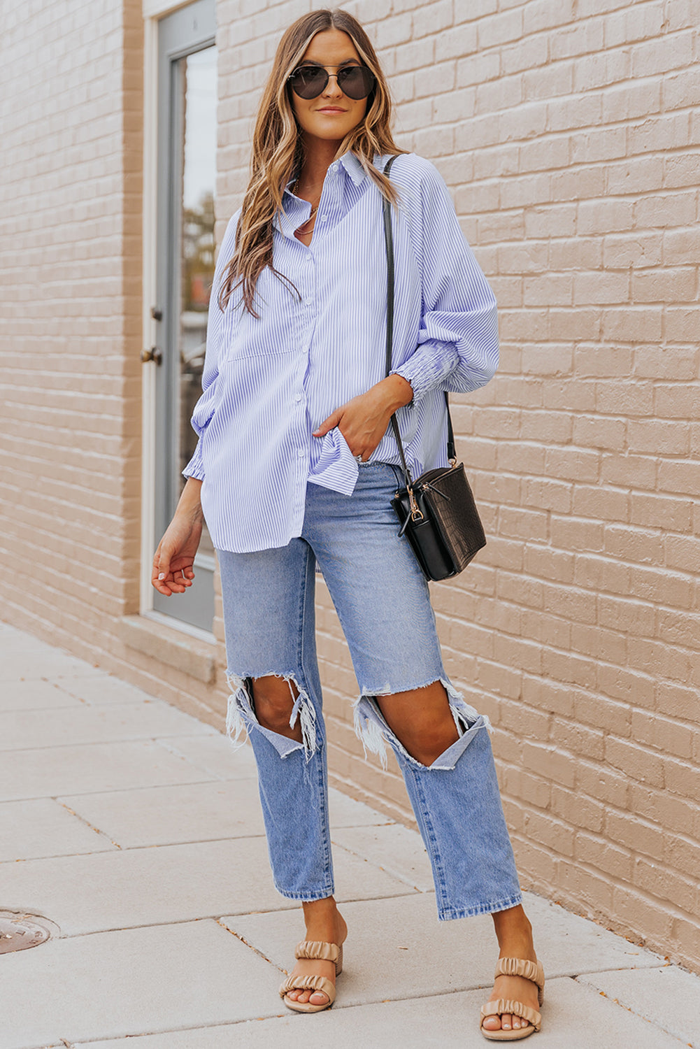 Sky Blue Smocked Cuffed Striped Boyfriend Shirt with Pocket