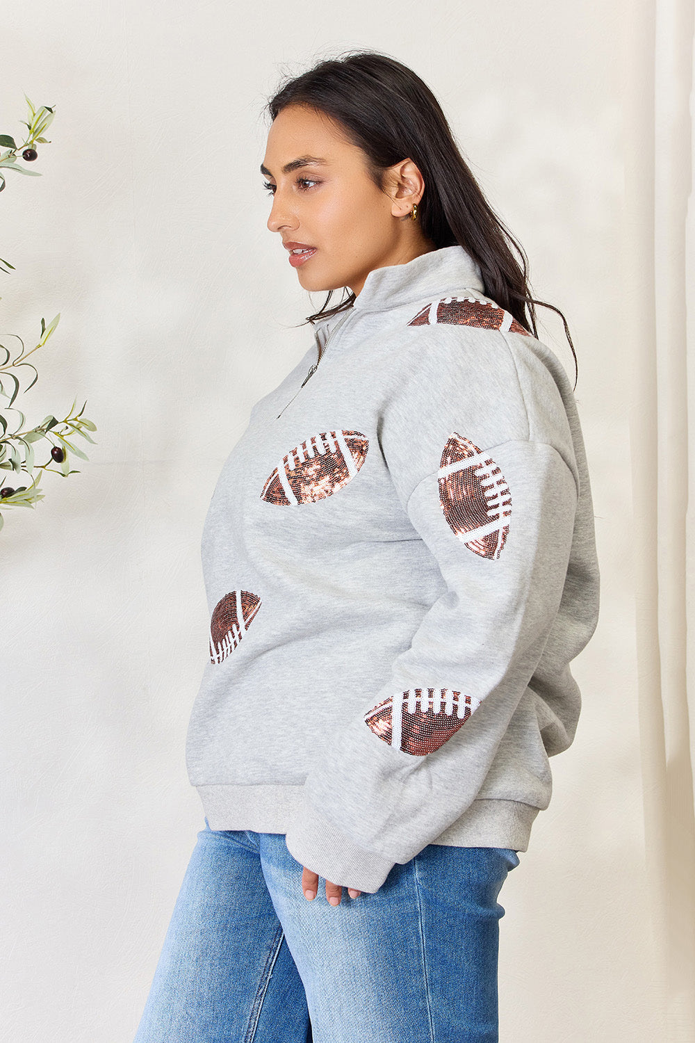 Full Size Sequin Football Half Zip Long Sleeve Sweatshirt