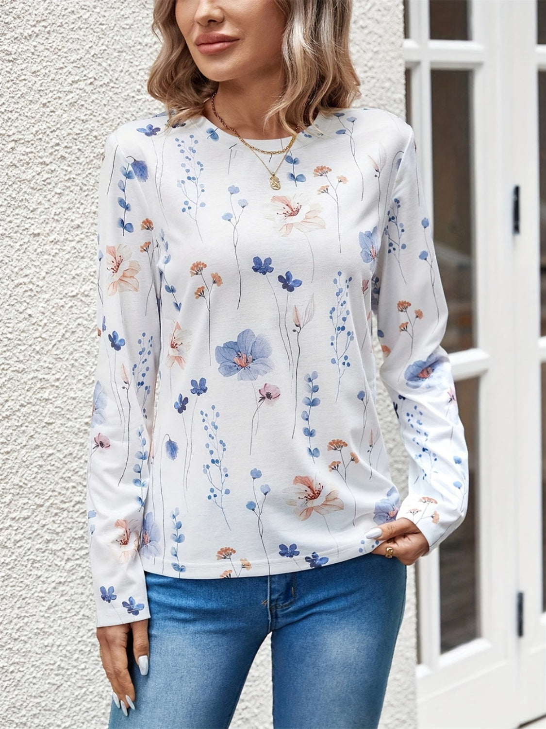 Printed Round Neck Long Sleeve Top